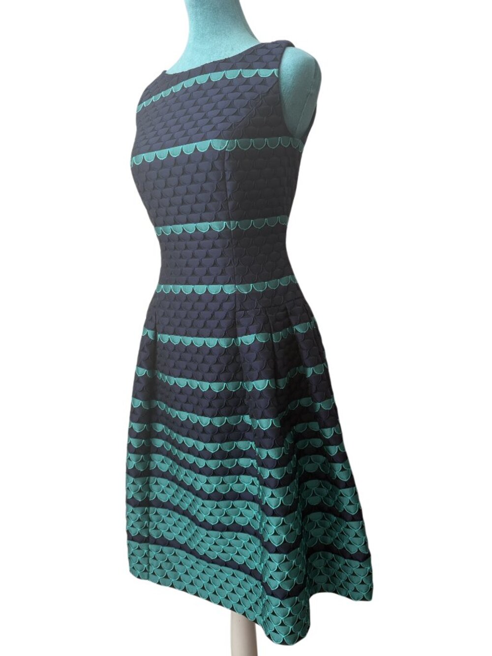 Carmen Marc Valvo Pleated Navy Blue Midi Dress with Teal Scalloped Bands, Size 2